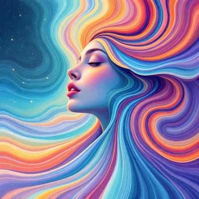 The primary subject of the image is a woman with long, flowing hair. She is the main focus of the image, and her hair is the most prominent feature. The setting is a colorful, swirling background that adds a vibrant and lively atmosphere to the scene. The visual style of the image is a combination of digital art and illustration, creating a unique and eye-catching appearance. The colors and mood of the image are predominantly bright and cheerful, with the woman's hair being the